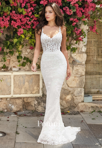 Unique Straps Detachable Train Lace Appliques Sleeveless Long Boho Wedding Dress