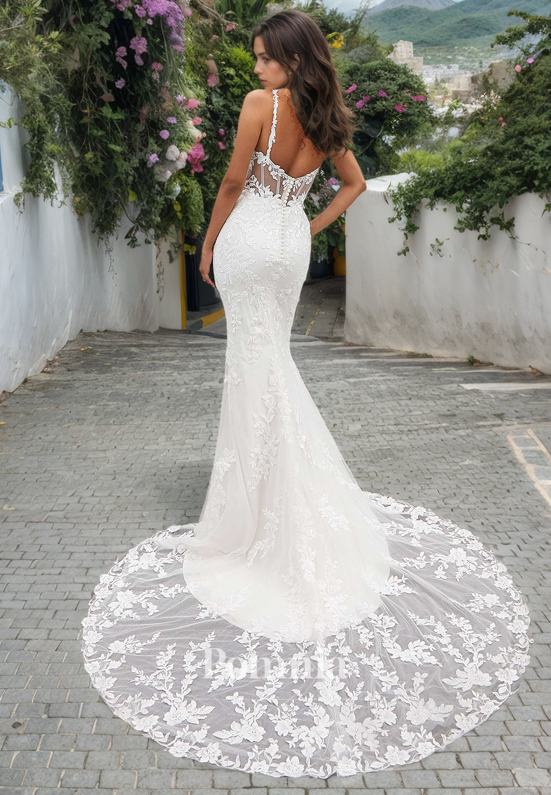 Unique Straps Detachable Train Lace Appliques Sleeveless Long Boho Wedding Dress