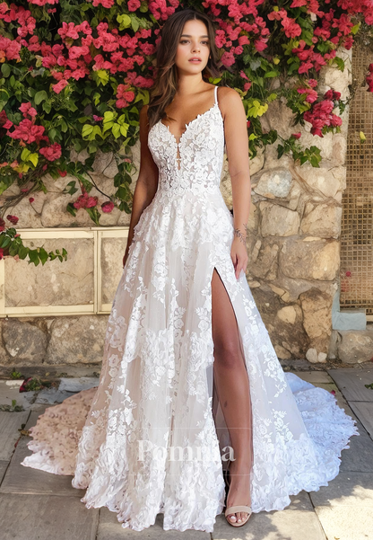 A-Line Spaghetti Straps V-Neck Lace Appliques Side Slit Boho Wedding Dress