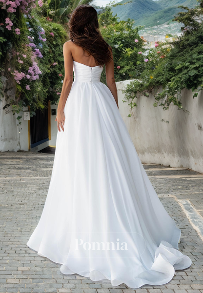 A-Line Illusion Neck Sleeveless Empire-Waist Pleated Long Beach Wedding Dress