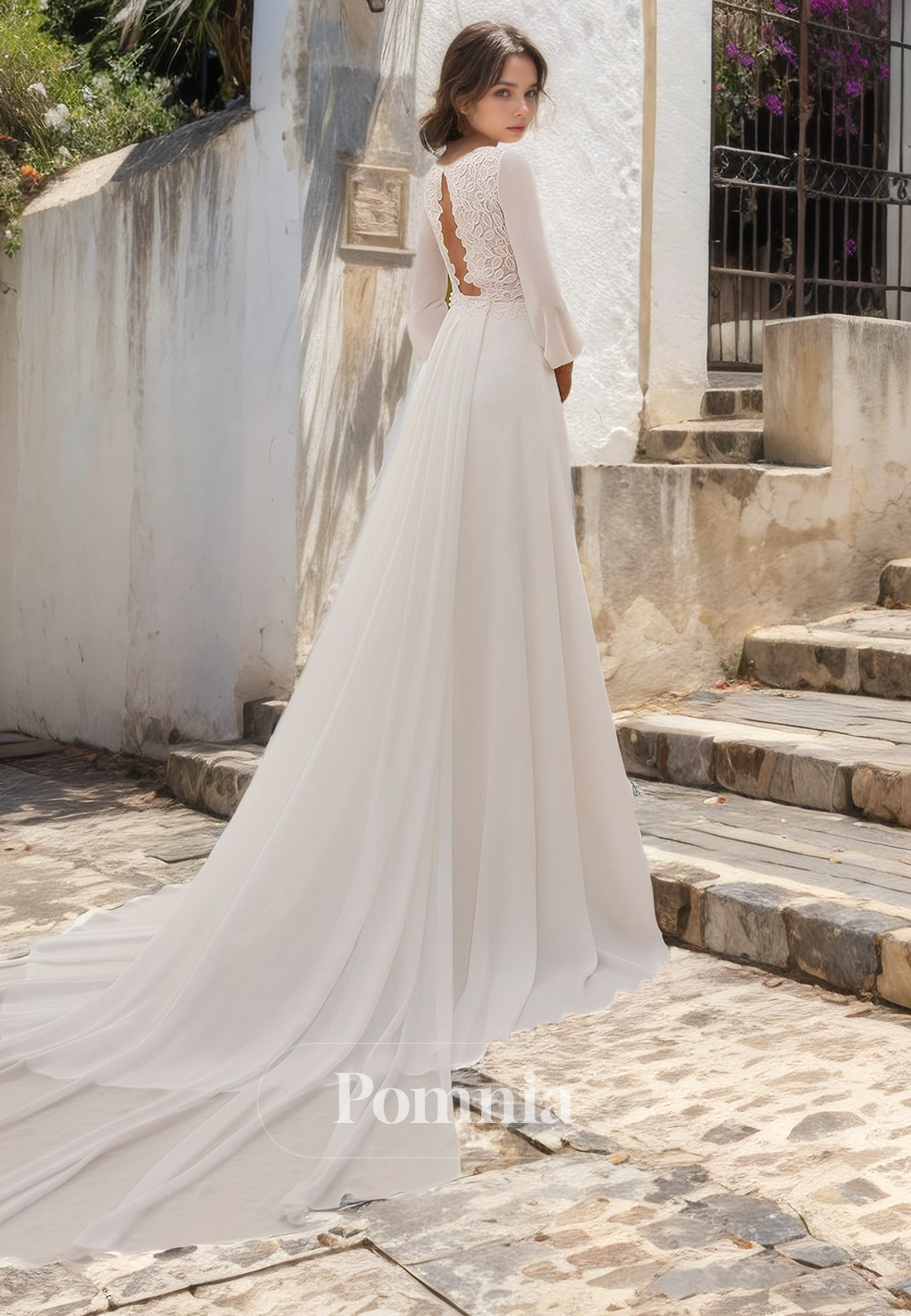 A-Line Scoop Long Sleeves Appliques Empire-Waist Long Boho Wedding Dress