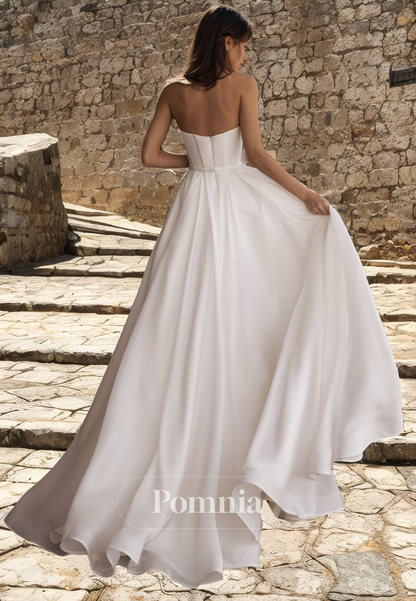 A-Line Empire-Waist Strapless Sleeveless Pleated Long Beach Wedding Dress