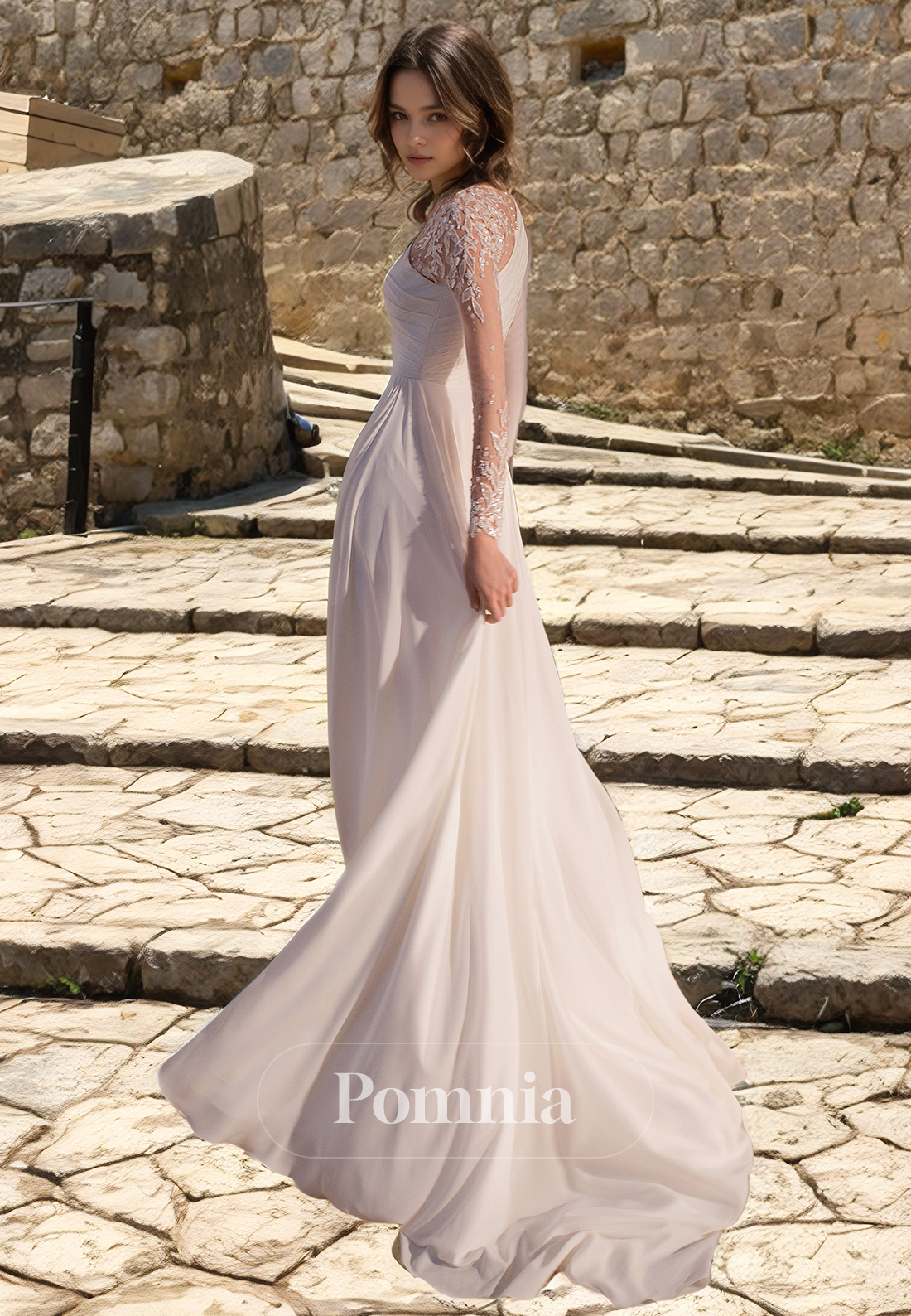 A-Line Long Sleeves Empire-Waist Pleated Long Bohomian Wedding Dress with Slit