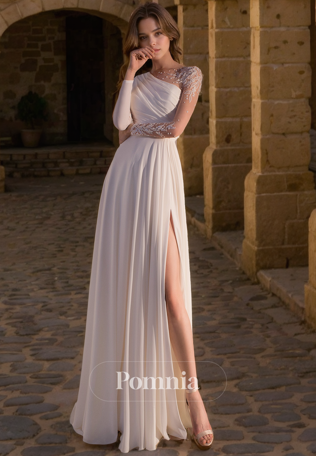 A-Line Long Sleeves Empire-Waist Pleated Long Bohomian Wedding Dress with Slit