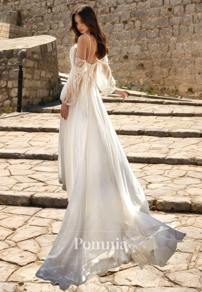 A-Line Straps Sweetheart Empire-Waist Pleated Bohemian Wedding Dress with Slit