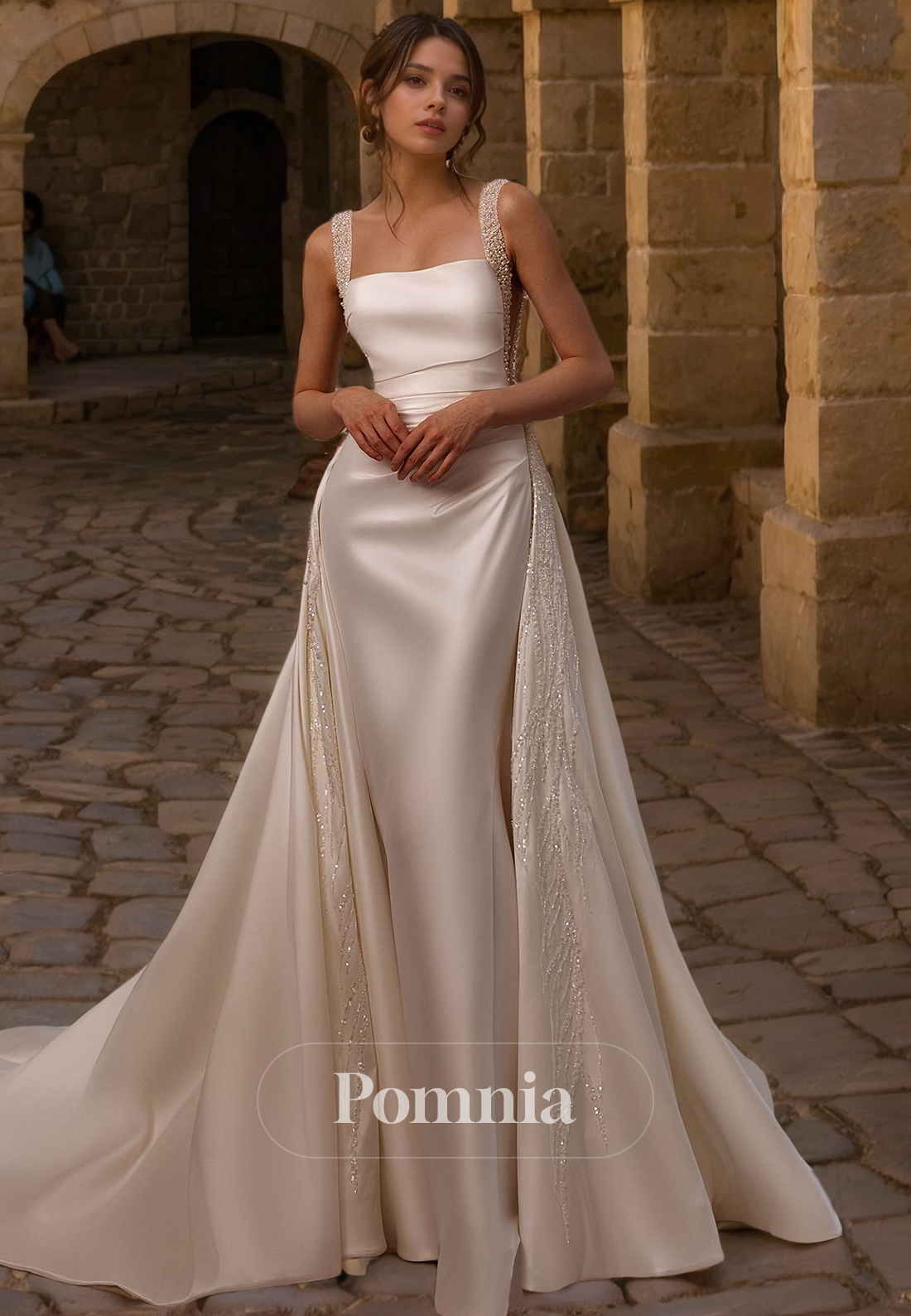 Elegant Straps Square Sleeveless Satin Pleated Long Beach Wedding Dress