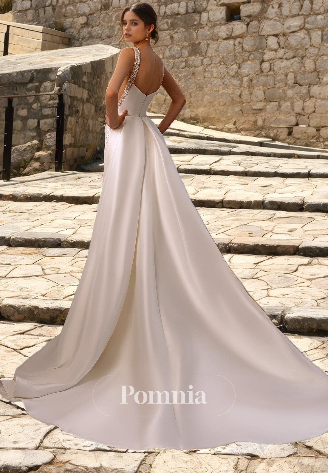 Elegant Straps Square Sleeveless Satin Pleated Long Beach Wedding Dress