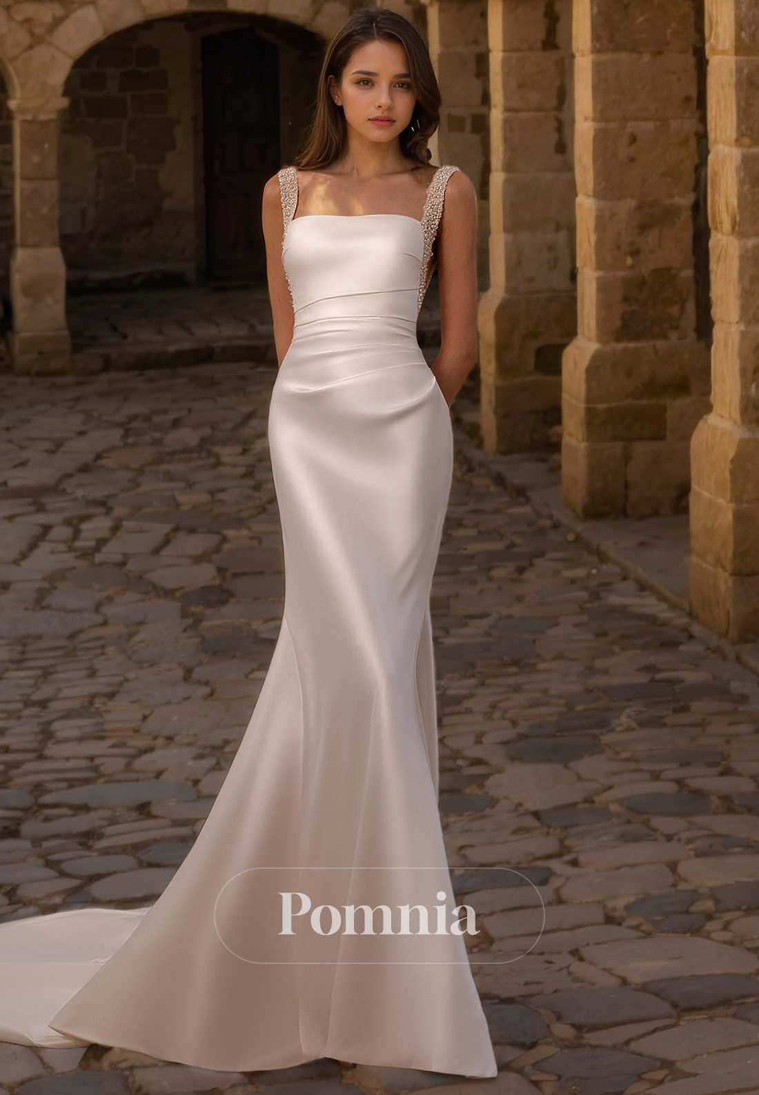 Elegant Straps Square Sleeveless Satin Pleated Long Beach Wedding Dress