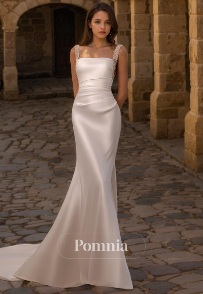 Elegant Straps Square Sleeveless Satin Pleated Long Beach Wedding Dress