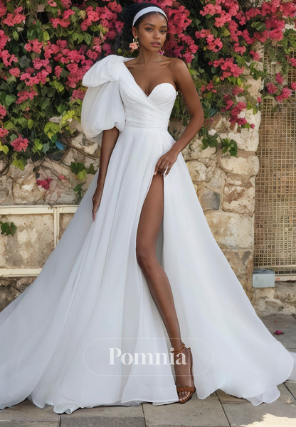 A-Line One Shoulder Empire-Waist Sleeveless High Slit Beach Wedding Gown