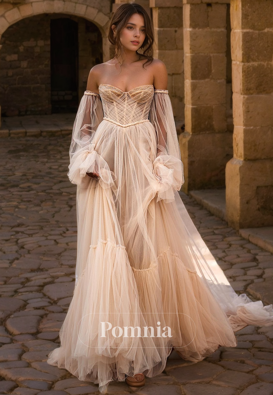 A-Line Strapless Long Sleeves Tulle Pleated Long Bohemian Wedding Dress