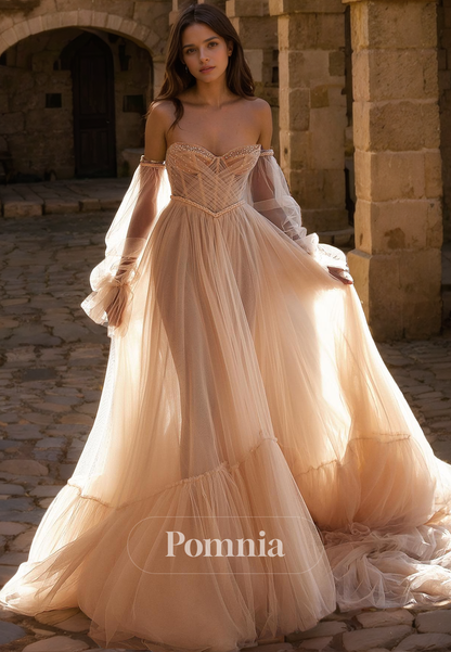 A-Line Strapless Long Sleeves Tulle Pleated Long Bohemian Wedding Dress