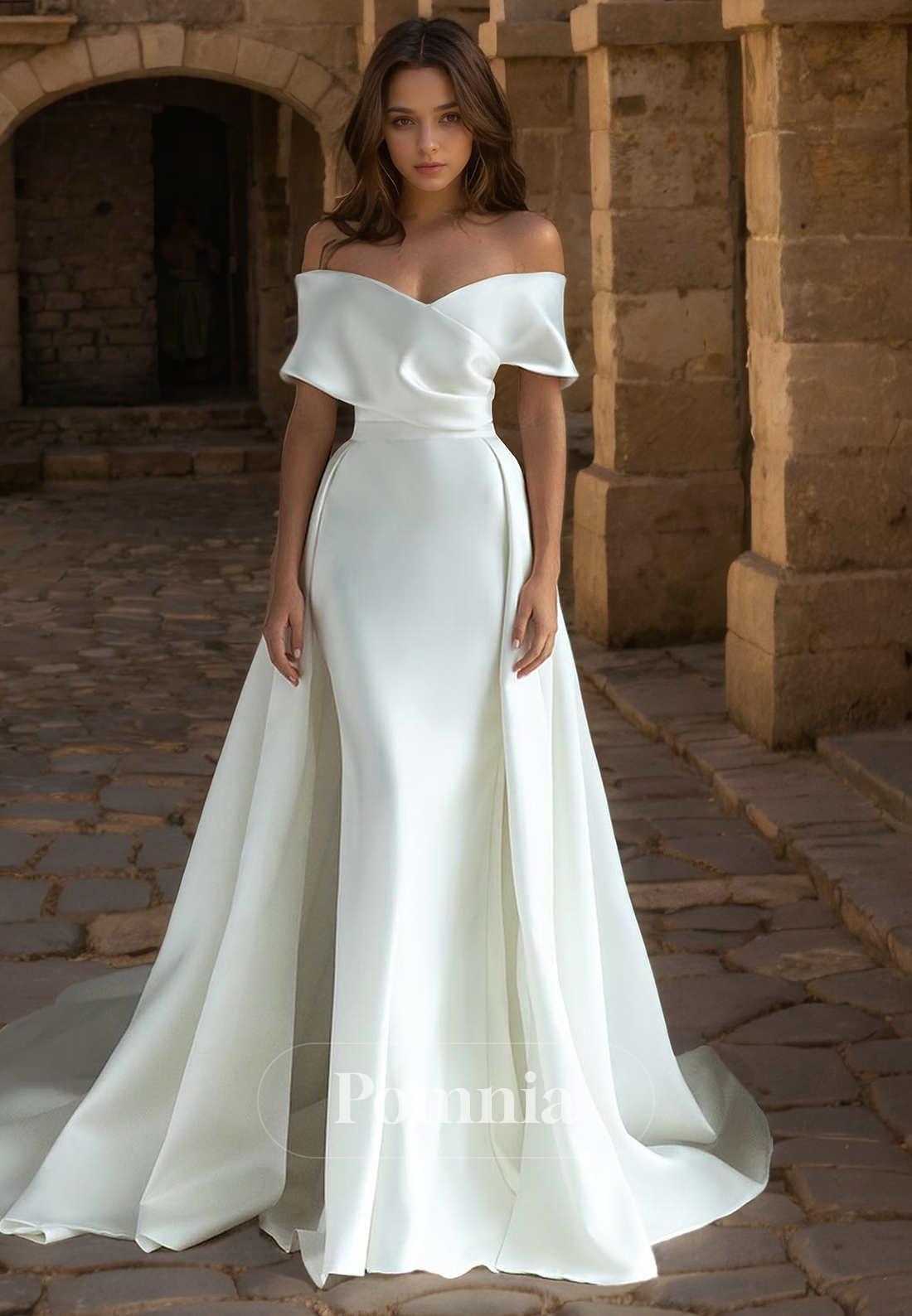 A-Line Strapless Cap Sleeves Satin Pleated Long Beach Wedding Dress