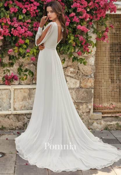 A-Line V-Neck Long Sleeveless Empire-Waist High Slit Beach Wedding Dress