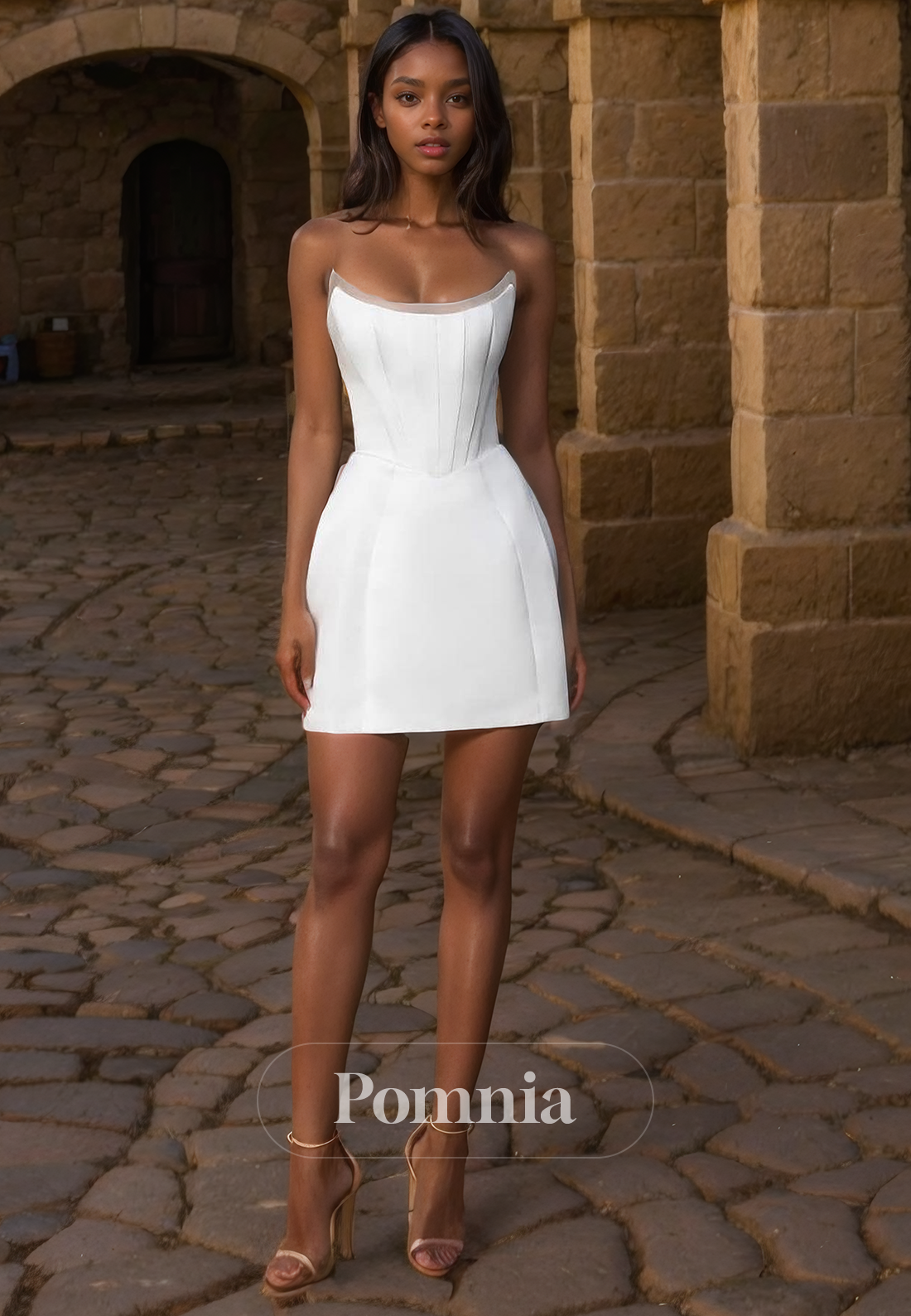 P3194 - Sheath/Column Illusion Neck Appliques Long Sleeves Short Beach Wedding Dress