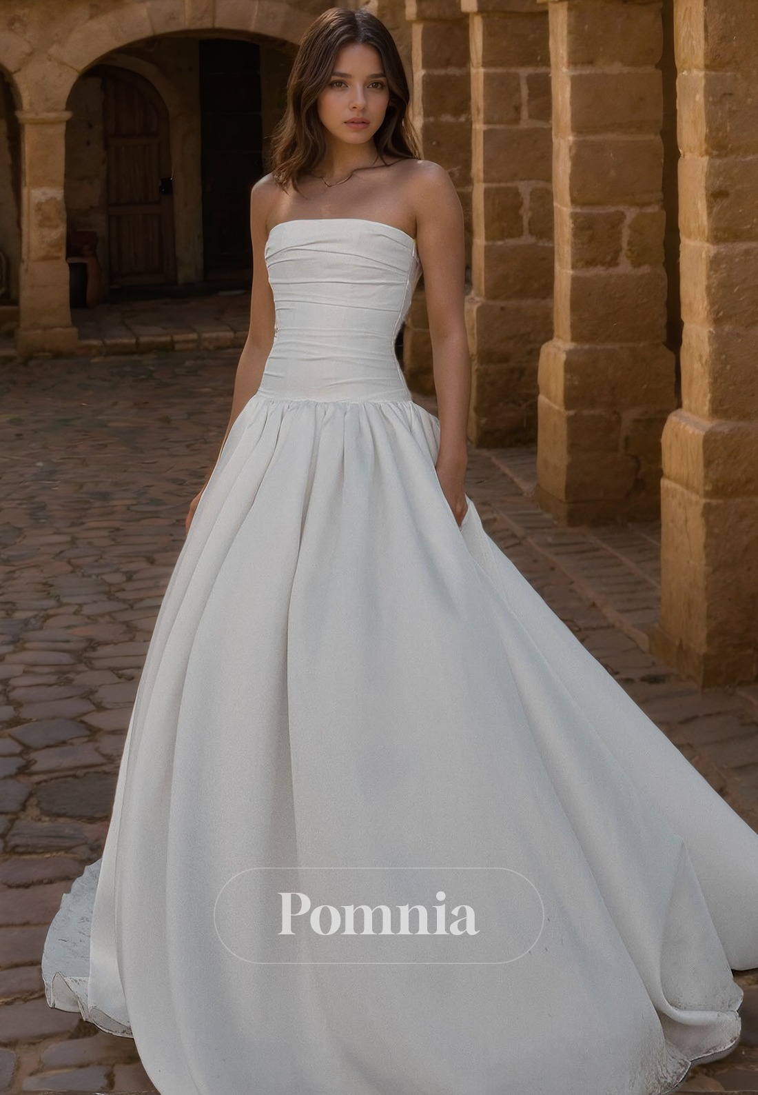 A-Line Strapless Empire-Waist Scoop Sleeveless Satin Long Beach Wedding Dress