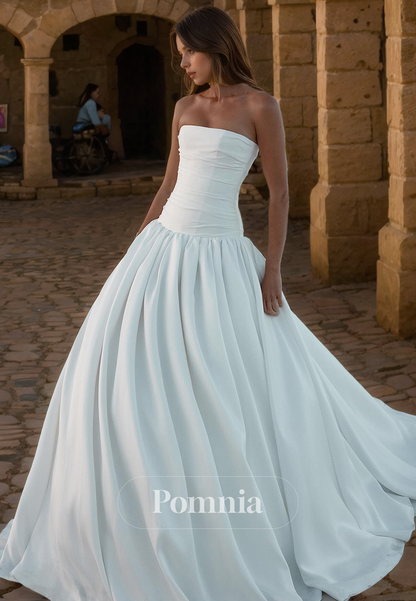 A-Line Strapless Empire-Waist Scoop Sleeveless Satin Long Beach Wedding Dress