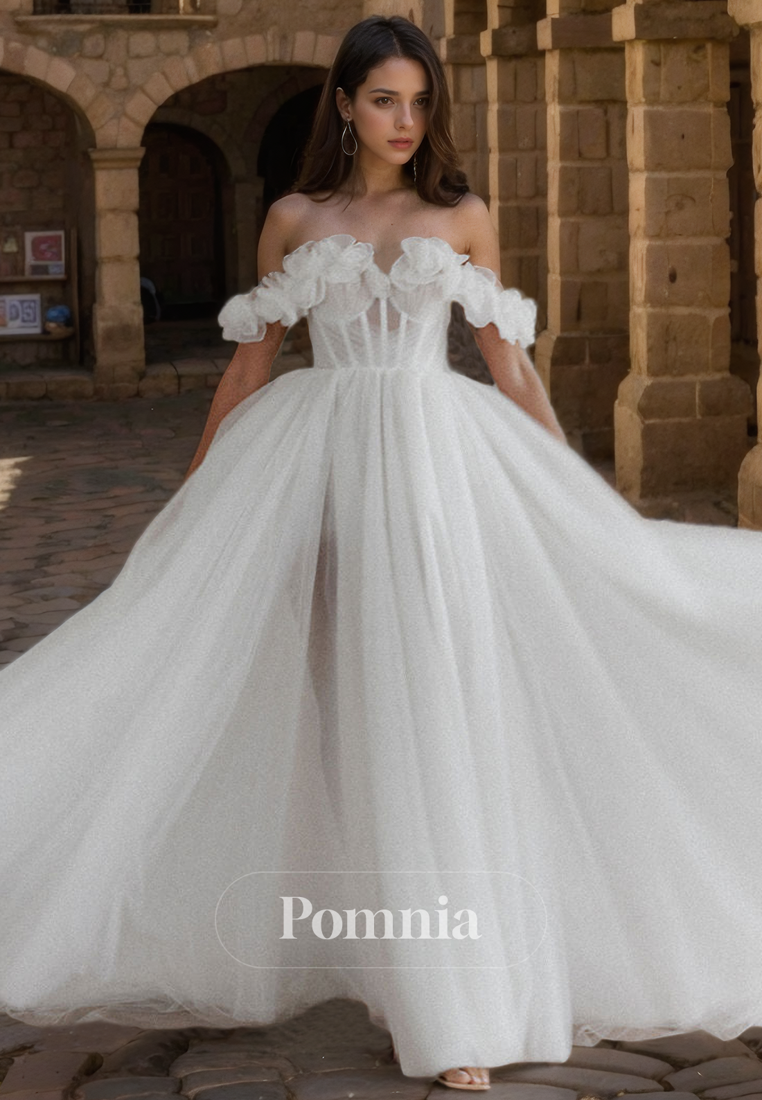 A-Line Off-Shoulder Cap Sleeves Tulle Long Bohemian Wedding Dress