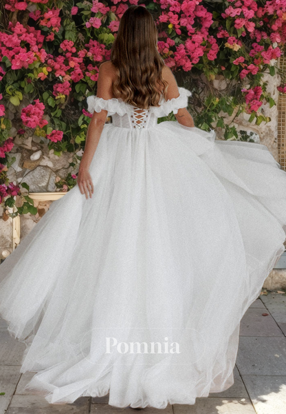 A-Line Off-Shoulder Cap Sleeves Tulle Long Bohemian Wedding Dress