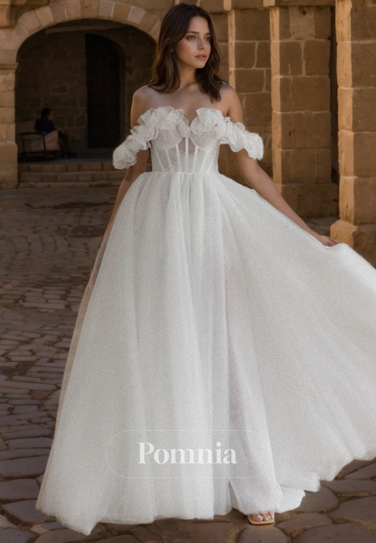 A-Line Off-Shoulder Cap Sleeves Tulle Long Bohemian Wedding Dress