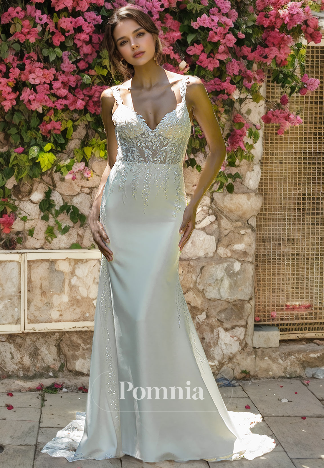 Mermaid/Trumpet V-Neck Appliques Sleeveless Long Beach Wedding Dress