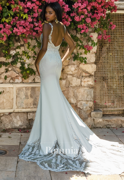 Mermaid/Trumpet V-Neck Appliques Sleeveless Long Beach Wedding Dress