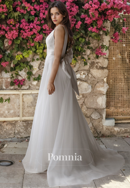 A-Line V-Neck Empire-Waist Sleeveless Pleated Long Simple Wedding Dress