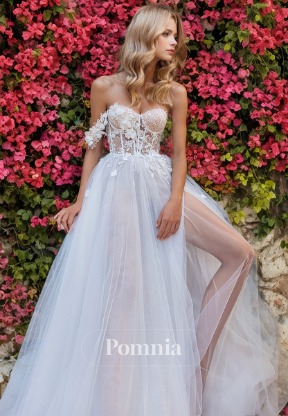 A-Line Off-Shoulder Sweetheart Appliques Side Slit Empire-Waist Long Boho Wedding Dress