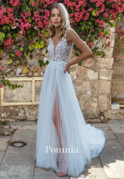 A-Line Straps V-Neck Appliques Sleeveless High Slit Long Bohemian Wedding Dress