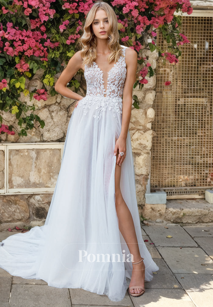 A-Line Straps V-Neck Appliques Sleeveless High Slit Long Bohemian Wedding Dress