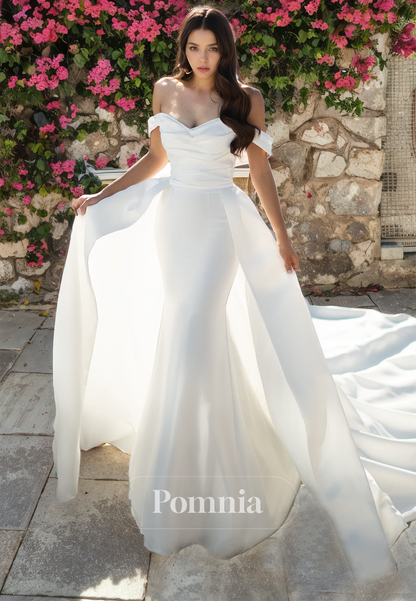 A-Line Empire-Waist Off-Shoulder Sweetheart Satin Long Beach Wedding Dress