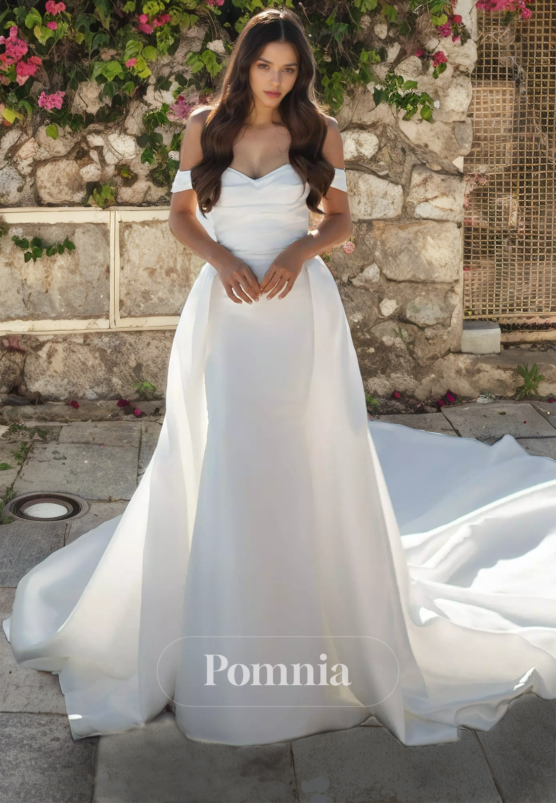 A-Line Empire-Waist Off-Shoulder Sweetheart Satin Long Beach Wedding Dress