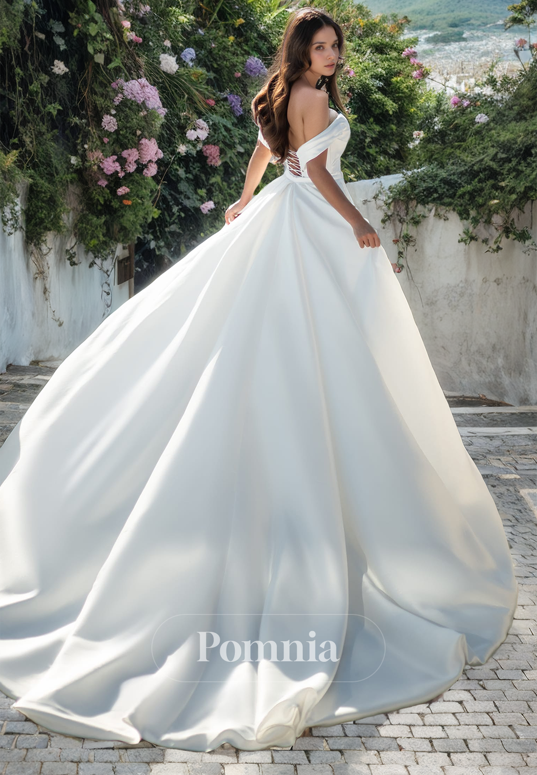 A-Line Empire-Waist Off-Shoulder Sweetheart Satin Long Beach Wedding Dress