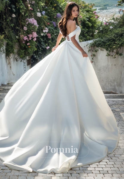 A-Line Empire-Waist Off-Shoulder Sweetheart Satin Long Beach Wedding Dress