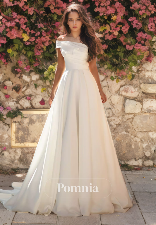 A-Line Off-Shoulder Empire-Waist Pleated Satin Long Beach Wedding Dress