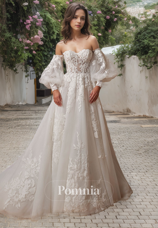 A-Line Off-Shoulder Sweetheart Long Sleeves Appliques Long Boho Wedding Dress