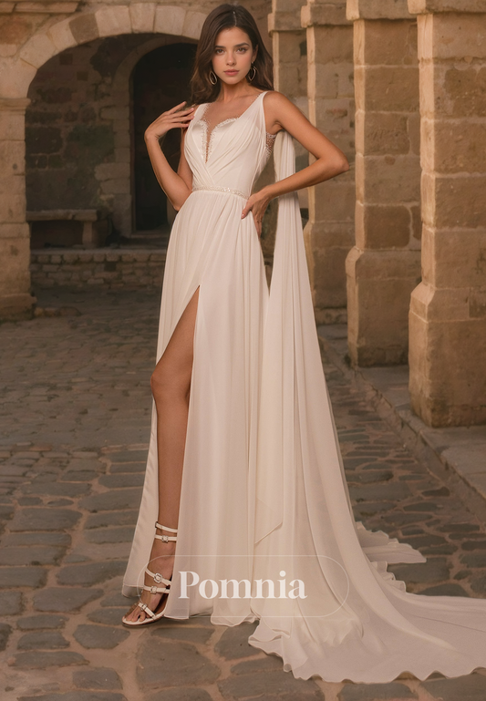 A-Line V-Neck Empire-Waist Sleevelss High Slit LOng Beach Wedding Dress