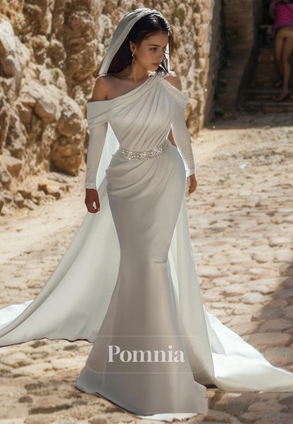 P3023 - Stunning One Shoulder Beads Long Sleeves Satin Boho Wedding Dress