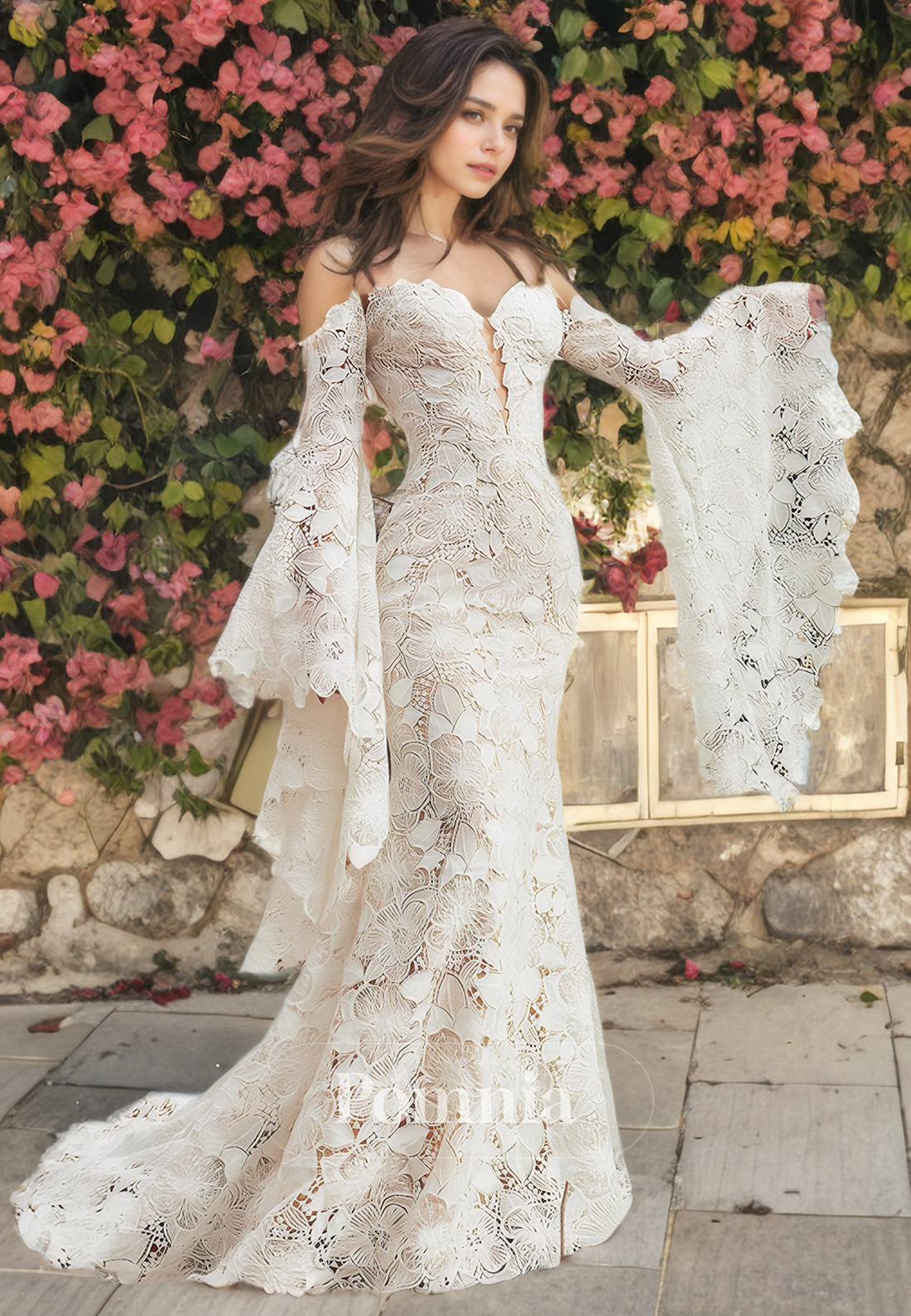 P3045 - Exquisite Illusion Neck Mermaid Lace Appliques Boho Wedding Dress with Sleeves