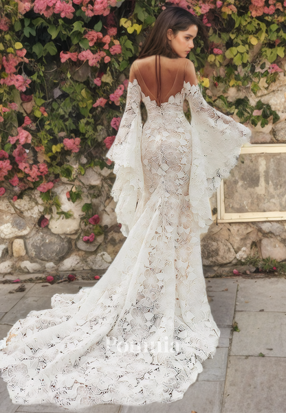 P3045 - Exquisite Illusion Neck Mermaid Lace Appliques Boho Wedding Dress with Sleeves