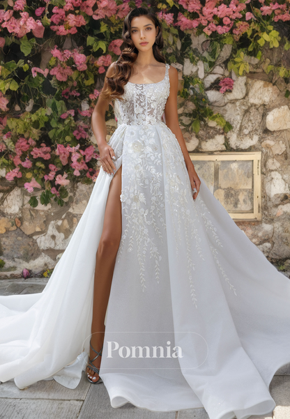 P3053 - A-Line Straps Scoop Lace Appliques High Split Bohemian Wedding Gown