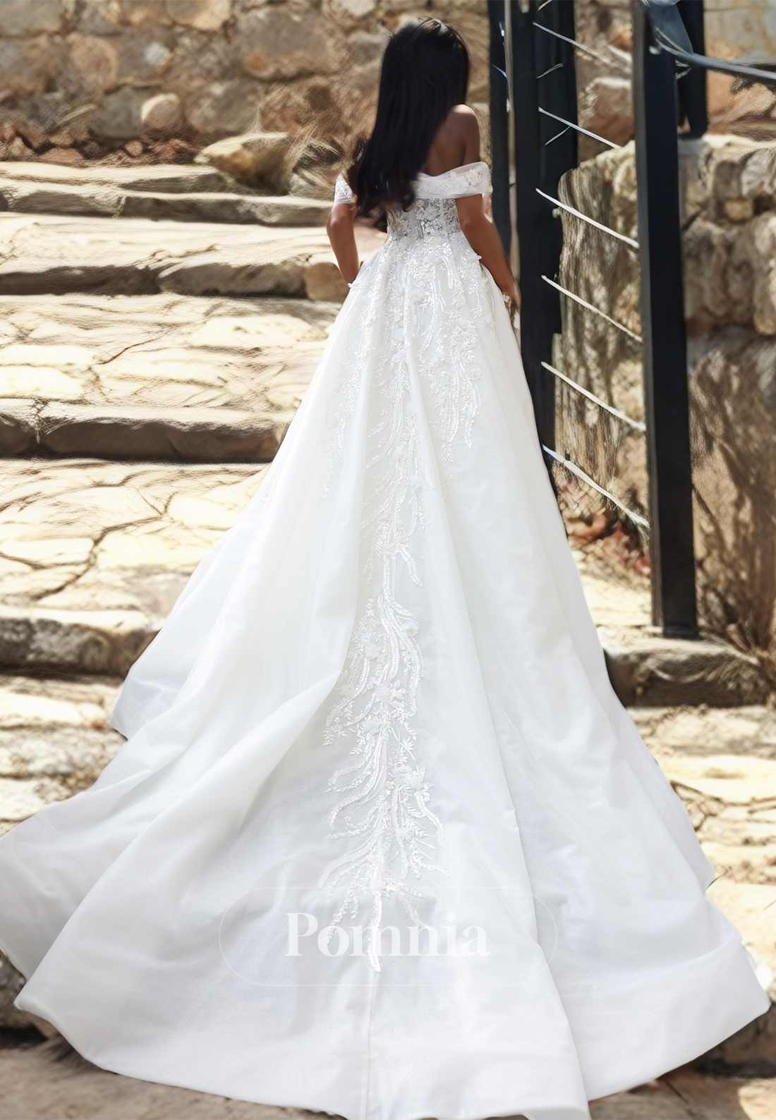 P3055 - Off Shoulder A-Line Lace Appliques High Split Long Boho Wedding Dress with Train