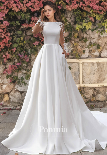 P3063 - A-Line Long Sleeves Pleated Appliques Long Train Empire-Waist Beach Wedding Gown