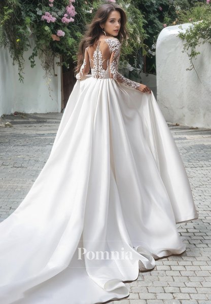 P3063 - A-Line Long Sleeves Pleated Appliques Long Train Empire-Waist Beach Wedding Gown