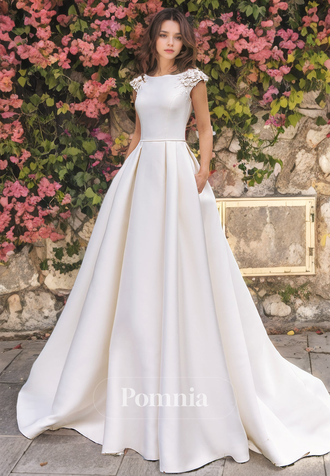 P3065 - A-Line Scoop Pockets Sleeveless Empire-Waist Pleated Appliques Long Beach Wedding Dress