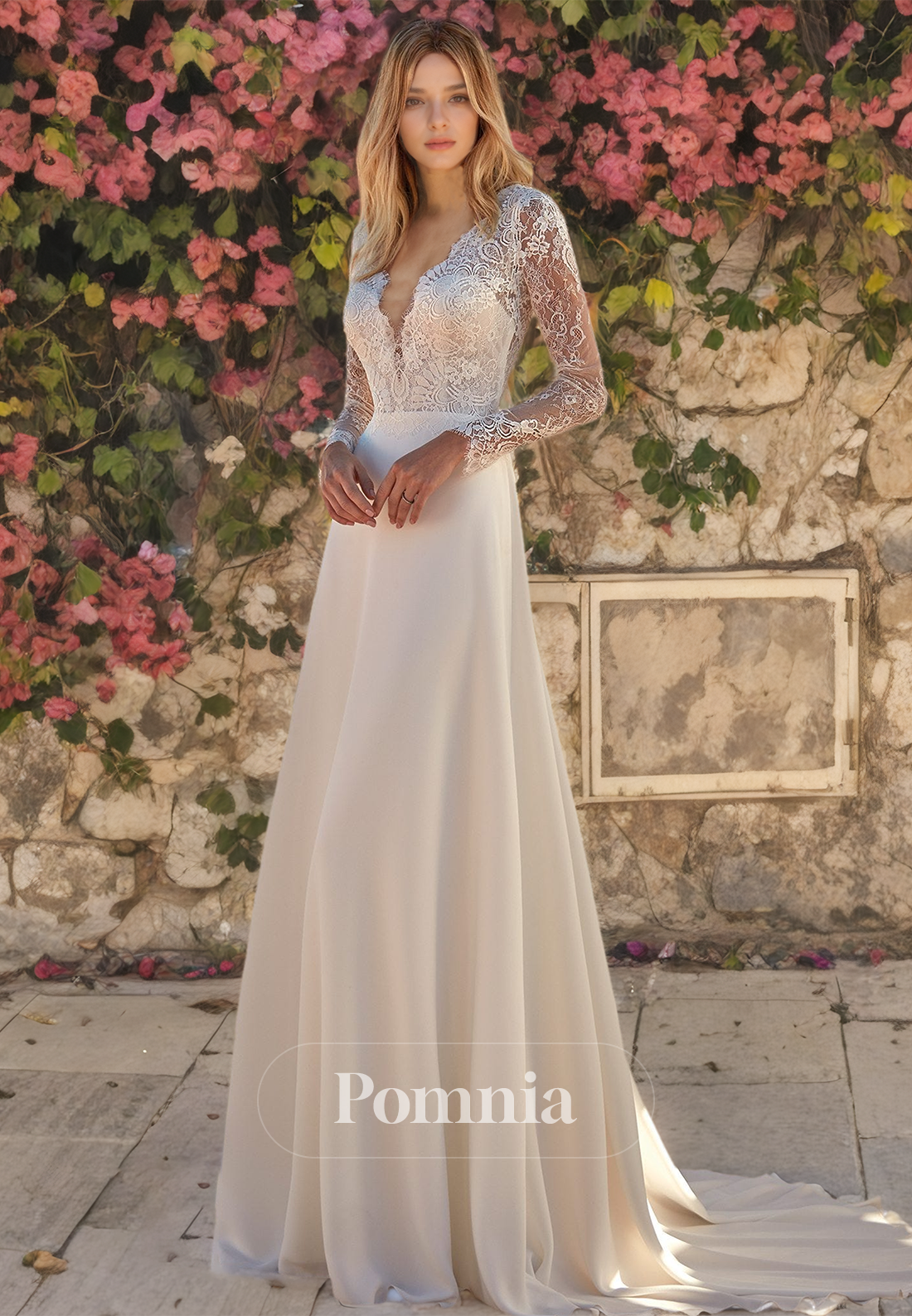 P3067 - A-Line Long Sleeves Appliques V-Neck Pleated Train Bohemian Wedding Dress