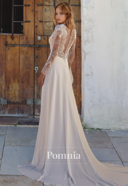 P3067 - A-Line Long Sleeves Appliques V-Neck Pleated Train Bohemian Wedding Dress