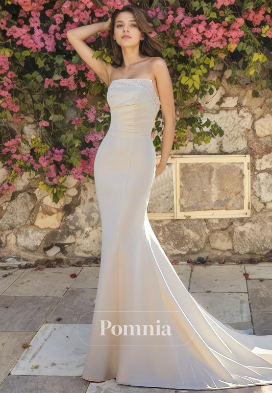 P3074 - Mermaid/Trumpet Strapless Beaded Sleeveless Long Beach Wedding Dress