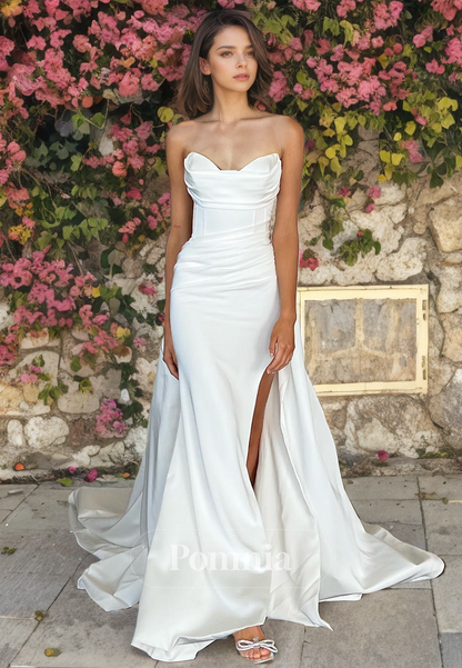 P3075 - Timeless Strapless V-Neck Pleated Side Split Sleeveless Simple Long  Beach Wedding Dress