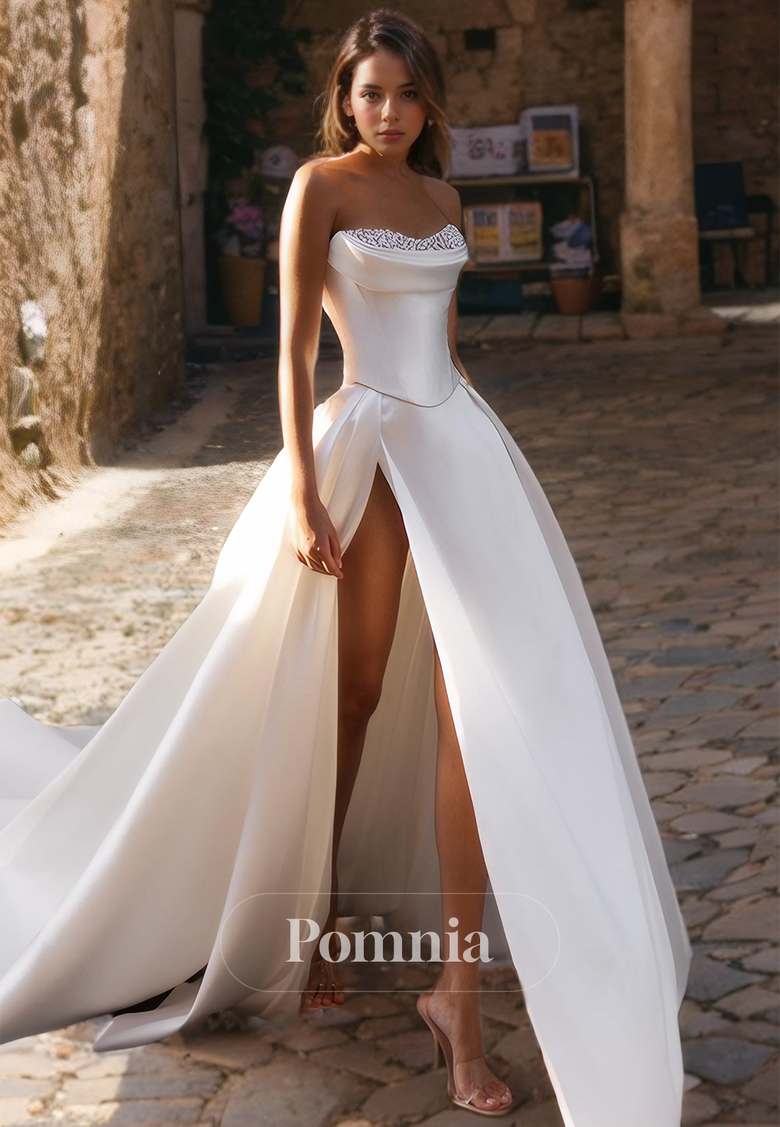 P3082 - A-Line Strapless Beaded High Split Sleeveless Pleated Empire Satin Beach Wedding Gown